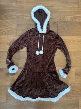 Brown Velvet Hooded Holiday Dress with White Faux Fur Trim
